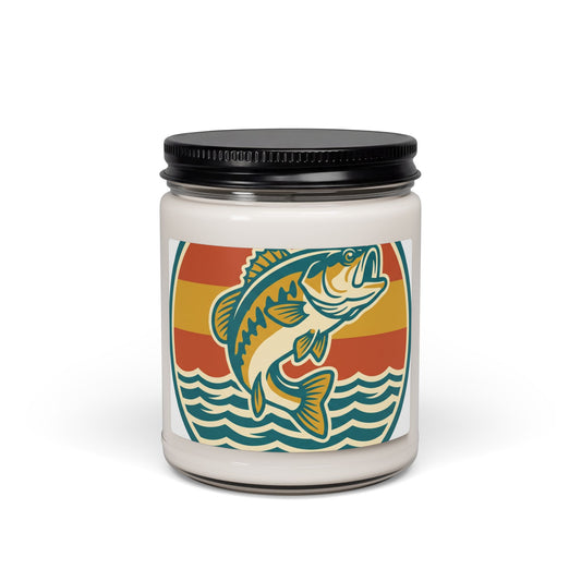 Bass Fishing Soy Candle — 9oz Scented Jar (Retro Sunrise Design)