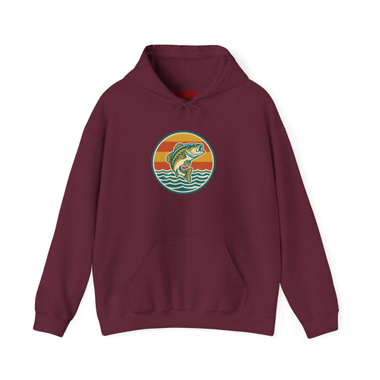 Retro Bass Fishing Hoodie — Vintage Sunset Angler Pullover