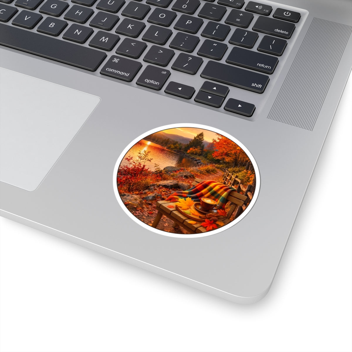Autumn Lakeside Sticker – Cozy Fall Blanket & Hot Cocoa Kiss-Cut Sticker
