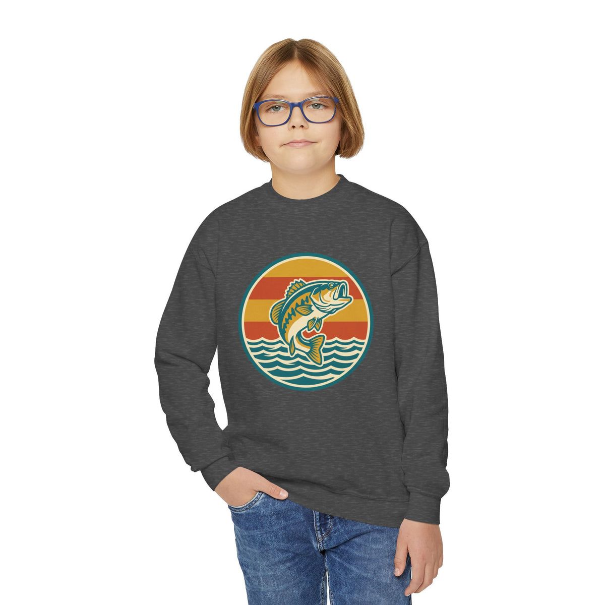 Youth Fishing Crewneck Sweatshirt – Retro Bass Jump Design