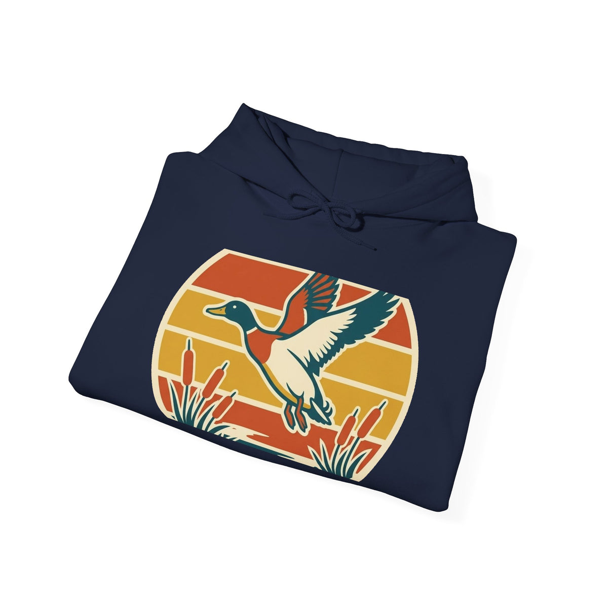 Retro Flying Duck Hoodie — Vintage Sunset Waterfowl Sweatshirt
