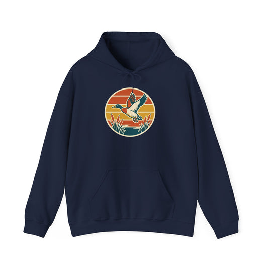 Retro Flying Duck Hoodie — Vintage Sunset Waterfowl Sweatshirt