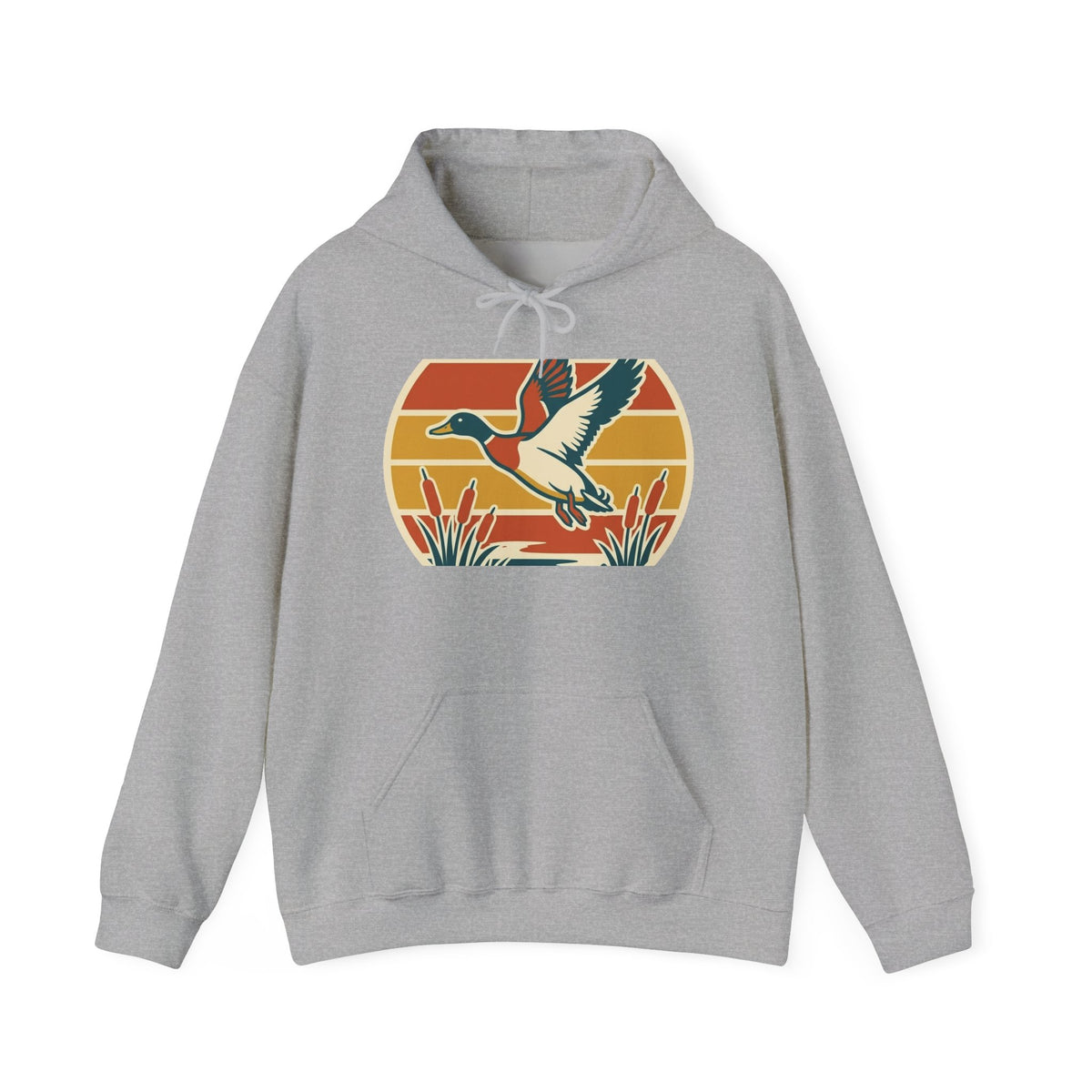 Retro Flying Duck Hoodie — Vintage Sunset Waterfowl Sweatshirt