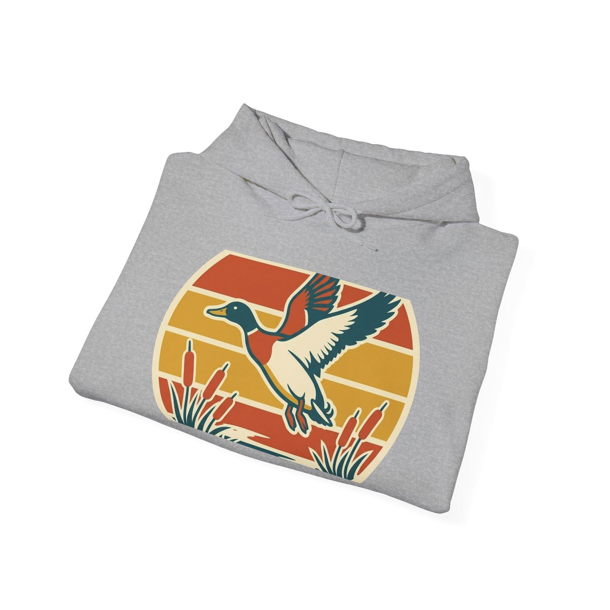 Retro Flying Duck Hoodie — Vintage Sunset Waterfowl Sweatshirt
