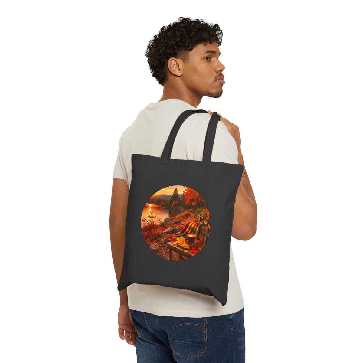 Autumn Lakeside Tote - Cozy Fall Canvas Bag with Scenic Sunset Design