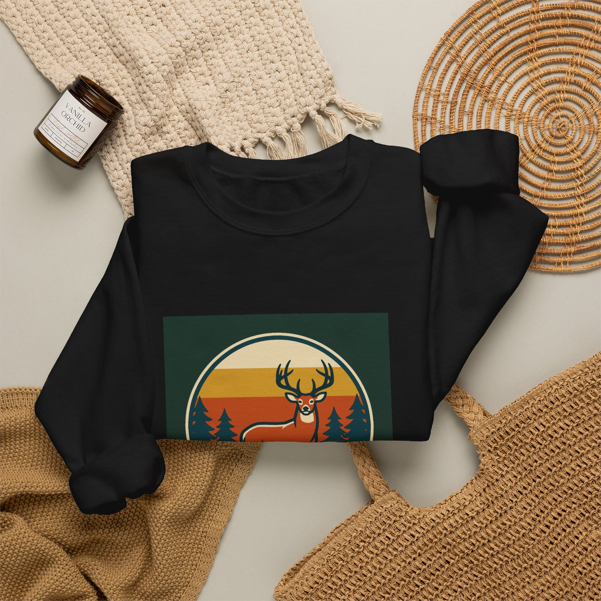 Deer Sunset Crewneck Sweatshirt — Retro Forest Buck Graphic