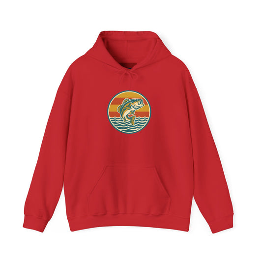 Retro Bass Fishing Hoodie — Vintage Sunset Angler Pullover