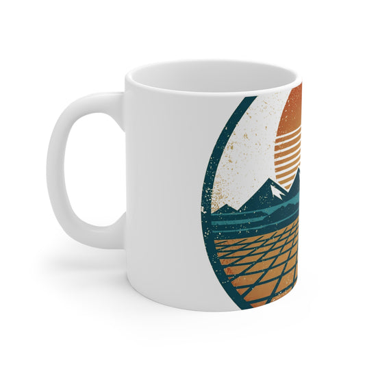 Neon Horizon Mug — Retro Synthwave Badge