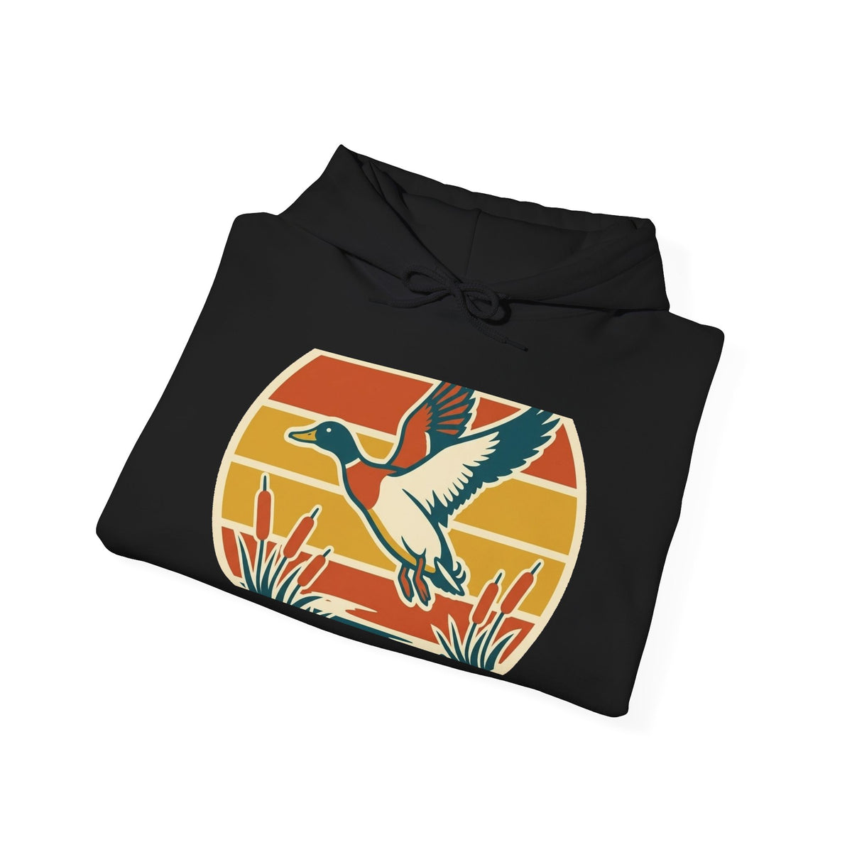 Retro Flying Duck Hoodie — Vintage Sunset Waterfowl Sweatshirt