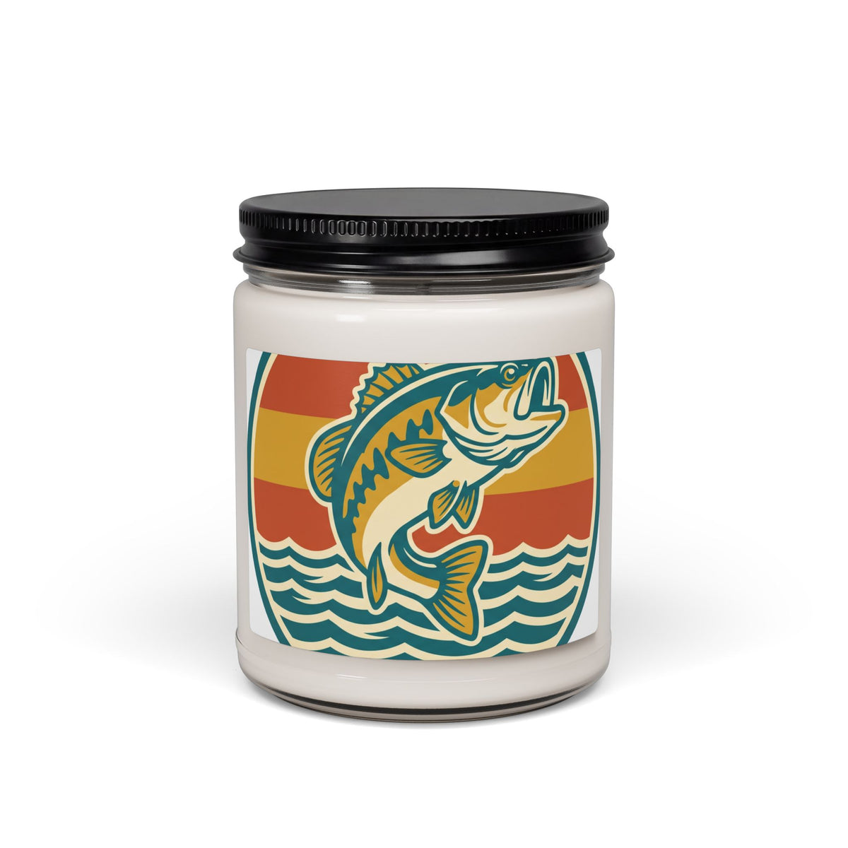 Bass Fishing Soy Candle — 9oz Scented Jar (Retro Sunrise Design)