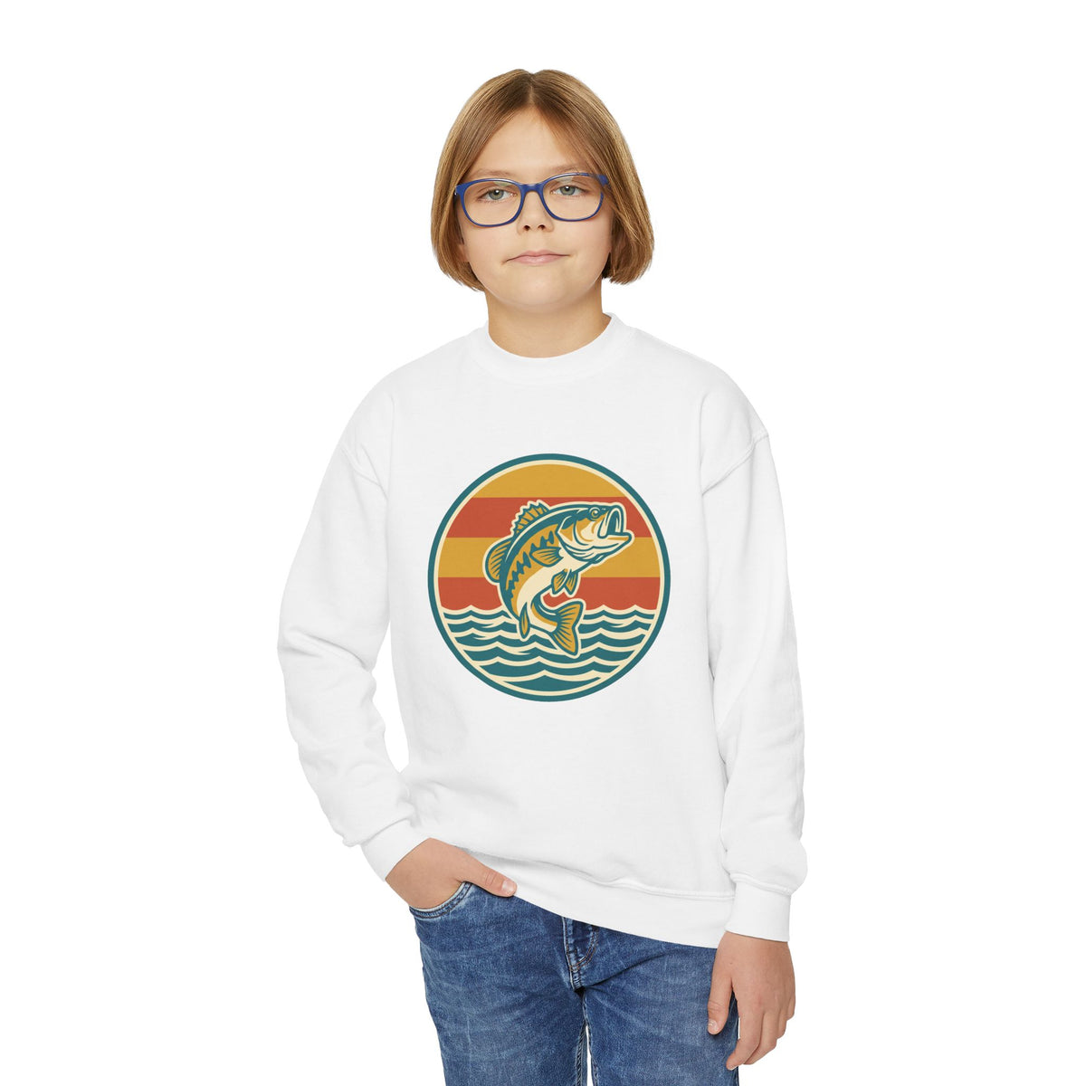 Youth Fishing Crewneck Sweatshirt – Retro Bass Jump Design