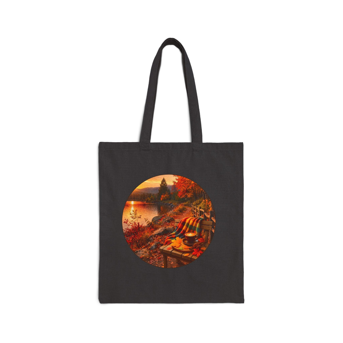 Autumn Lakeside Tote - Cozy Fall Canvas Bag with Scenic Sunset Design