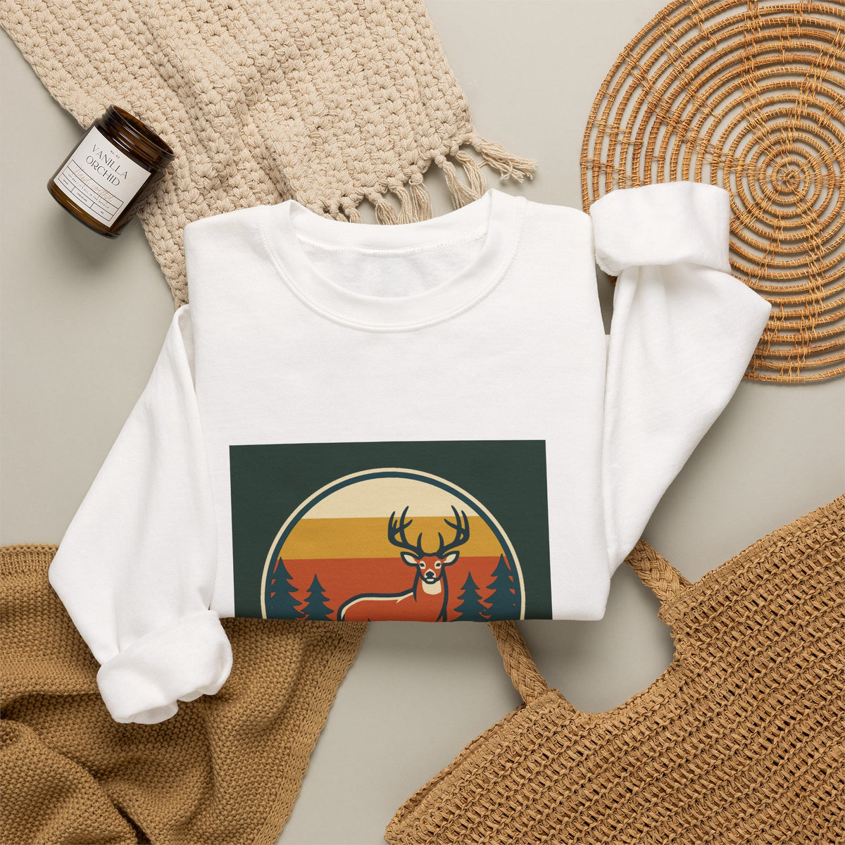 Deer Sunset Crewneck Sweatshirt — Retro Forest Buck Graphic