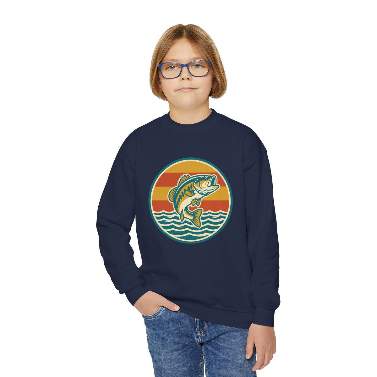 Youth Fishing Crewneck Sweatshirt – Retro Bass Jump Design