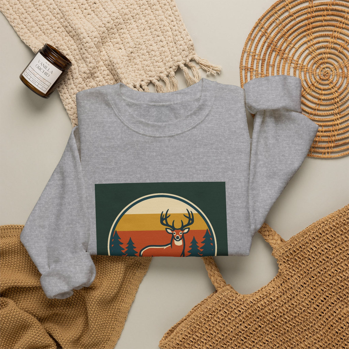 Deer Sunset Crewneck Sweatshirt — Retro Forest Buck Graphic