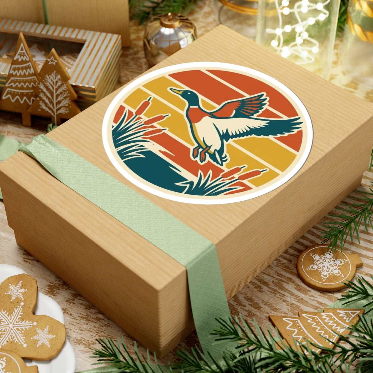 Retro Mallard Duck Sticker — Vintage Sunset Wildlife Kiss-Cut Decal