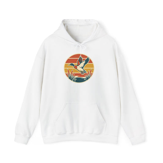 Retro Flying Duck Hoodie — Vintage Sunset Waterfowl Sweatshirt