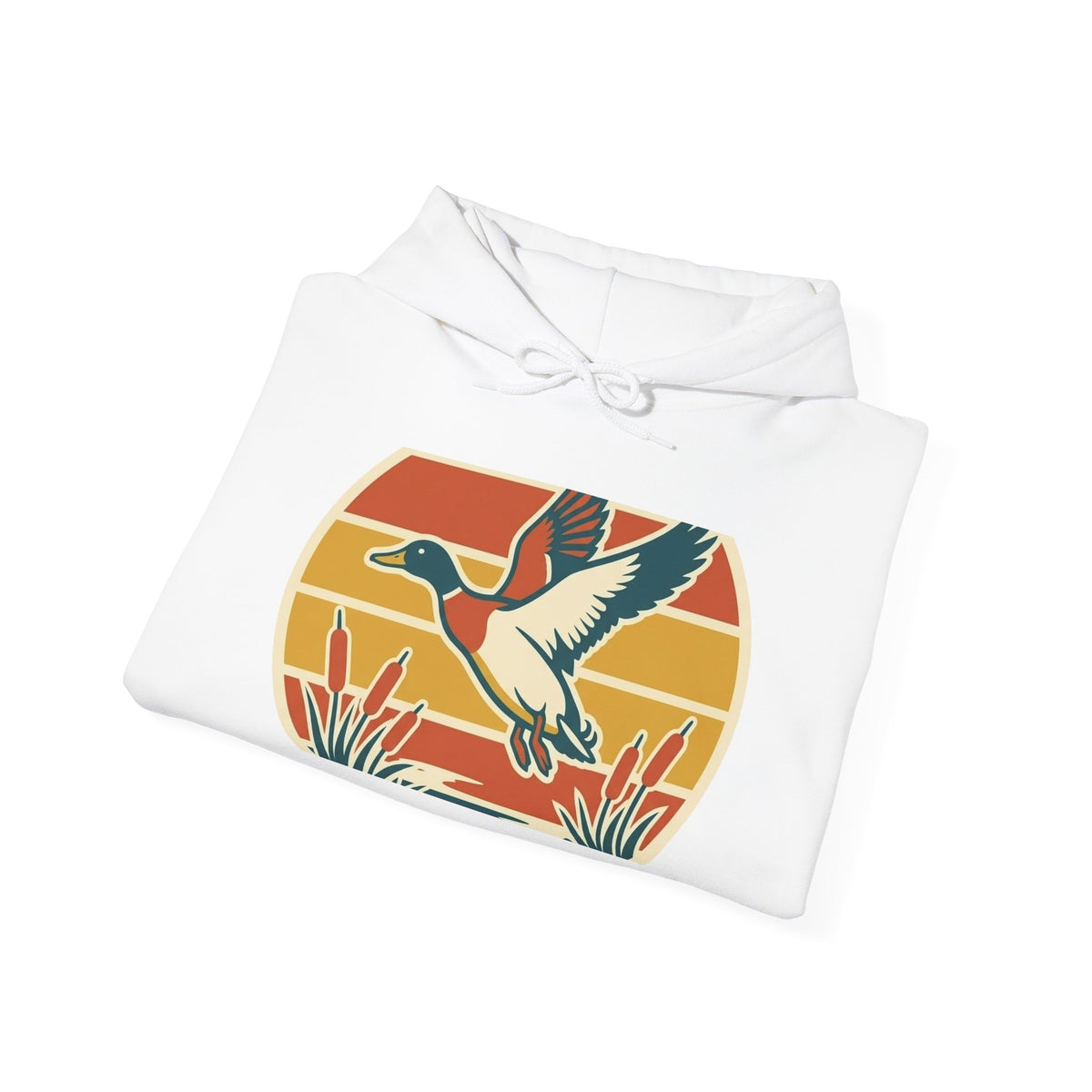 Retro Flying Duck Hoodie — Vintage Sunset Waterfowl Sweatshirt