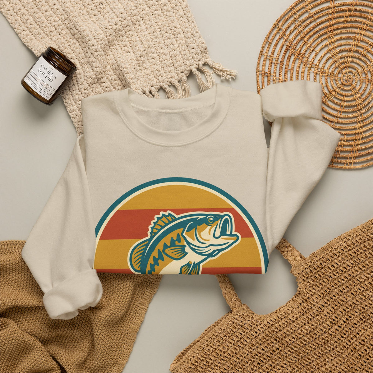 Fishing Crewneck Sweatshirt — Retro Bass Sunset Graphic