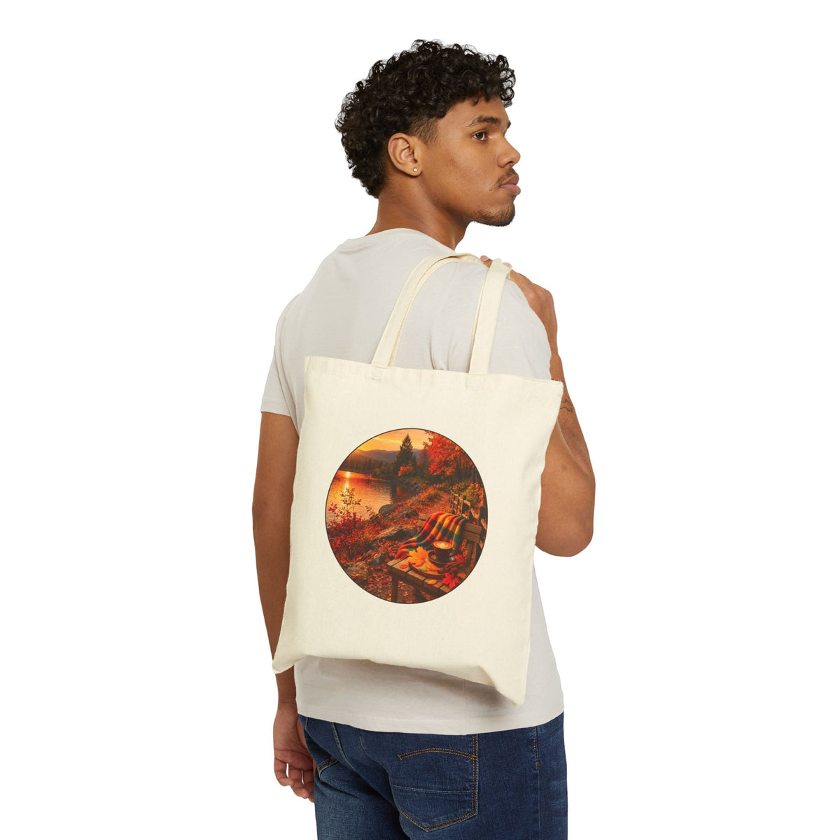 Autumn Lakeside Tote - Cozy Fall Canvas Bag with Scenic Sunset Design