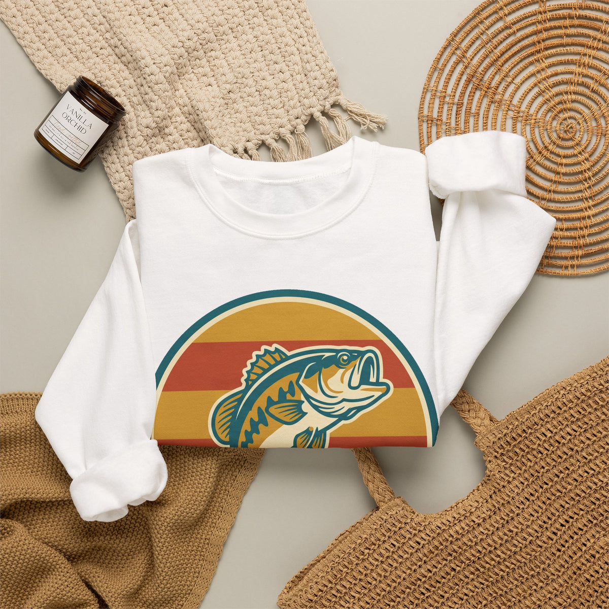 Fishing Crewneck Sweatshirt — Retro Bass Sunset Graphic
