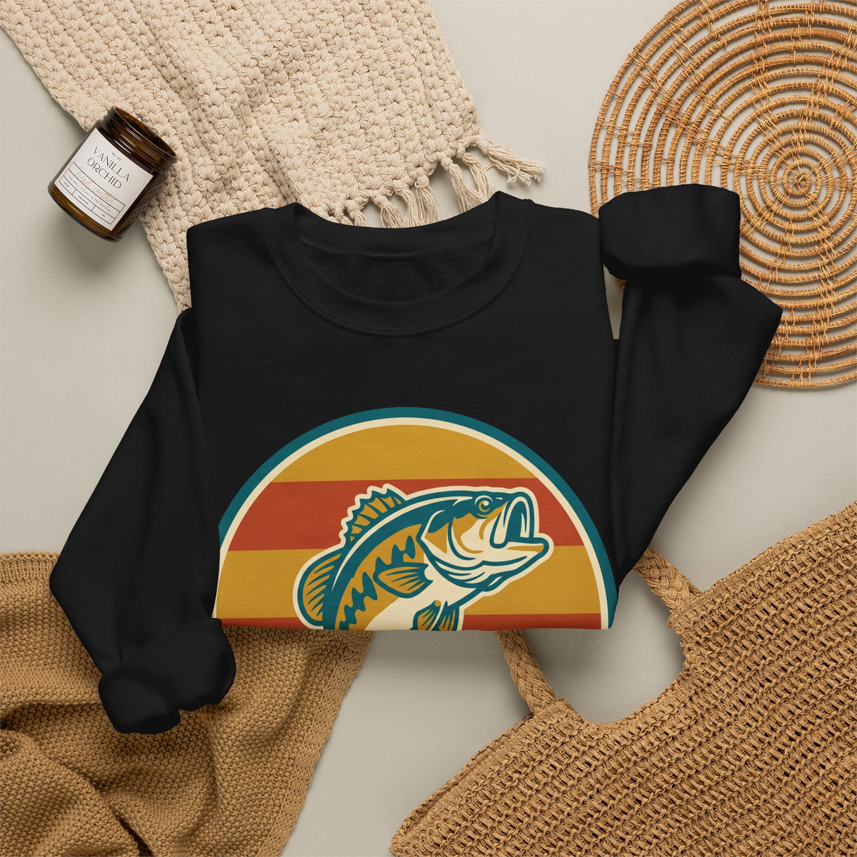 Fishing Crewneck Sweatshirt — Retro Bass Sunset Graphic
