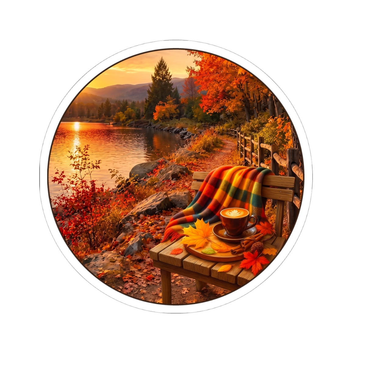 Autumn Lakeside Sticker – Cozy Fall Blanket & Hot Cocoa Kiss-Cut Sticker