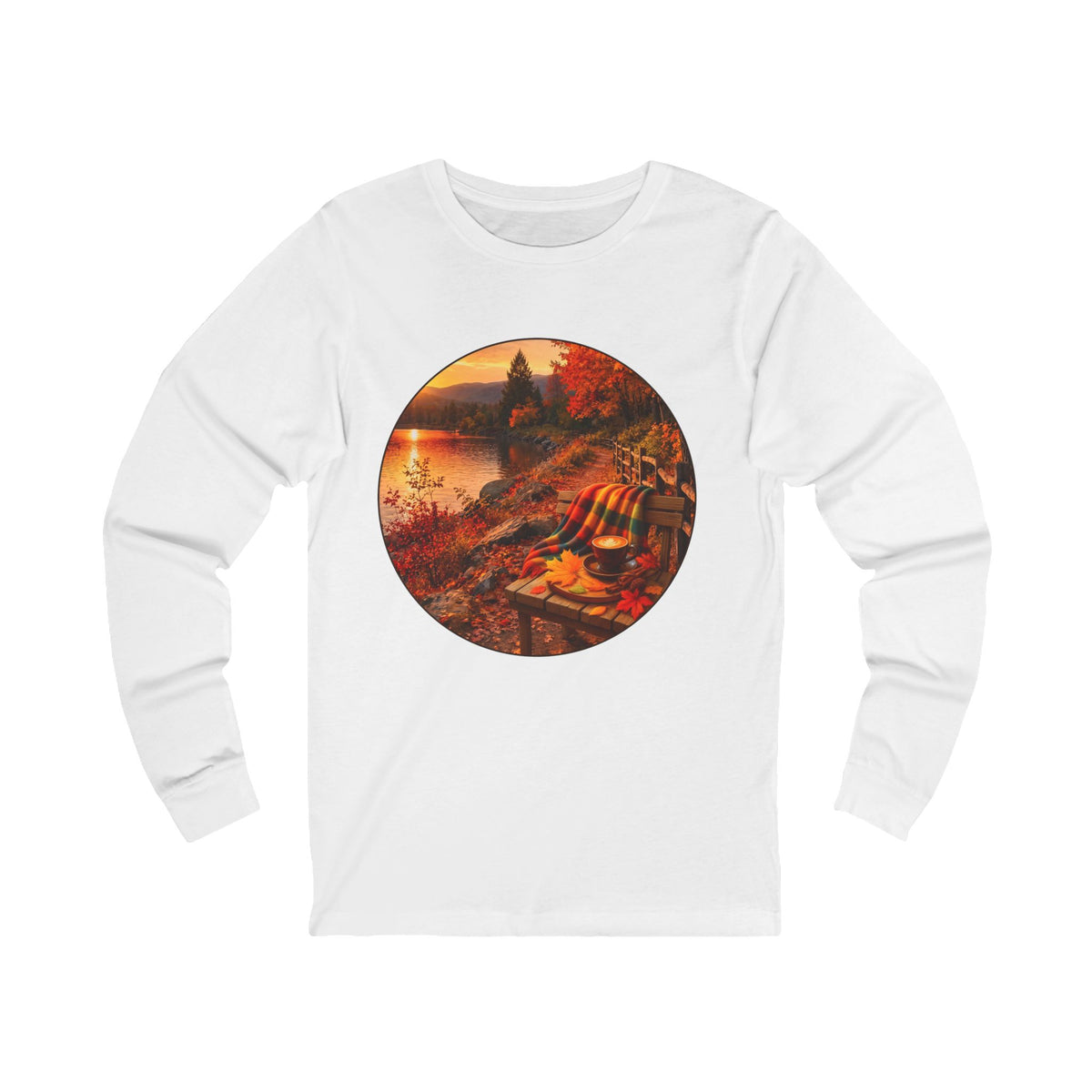 Autumn Lakeside Scene Long Sleeve Tee — Cozy Fall Cabin Sunset Print