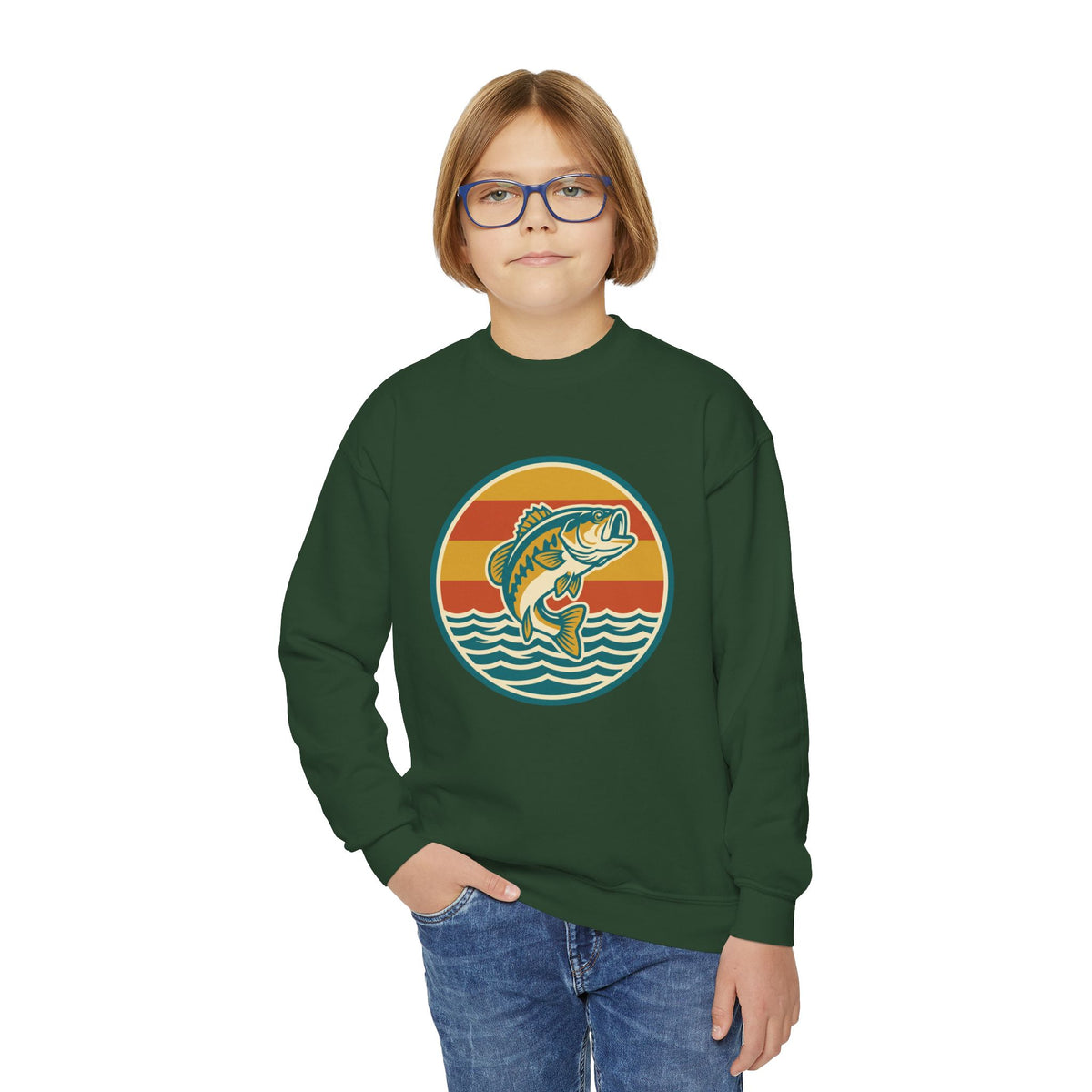 Youth Fishing Crewneck Sweatshirt – Retro Bass Jump Design