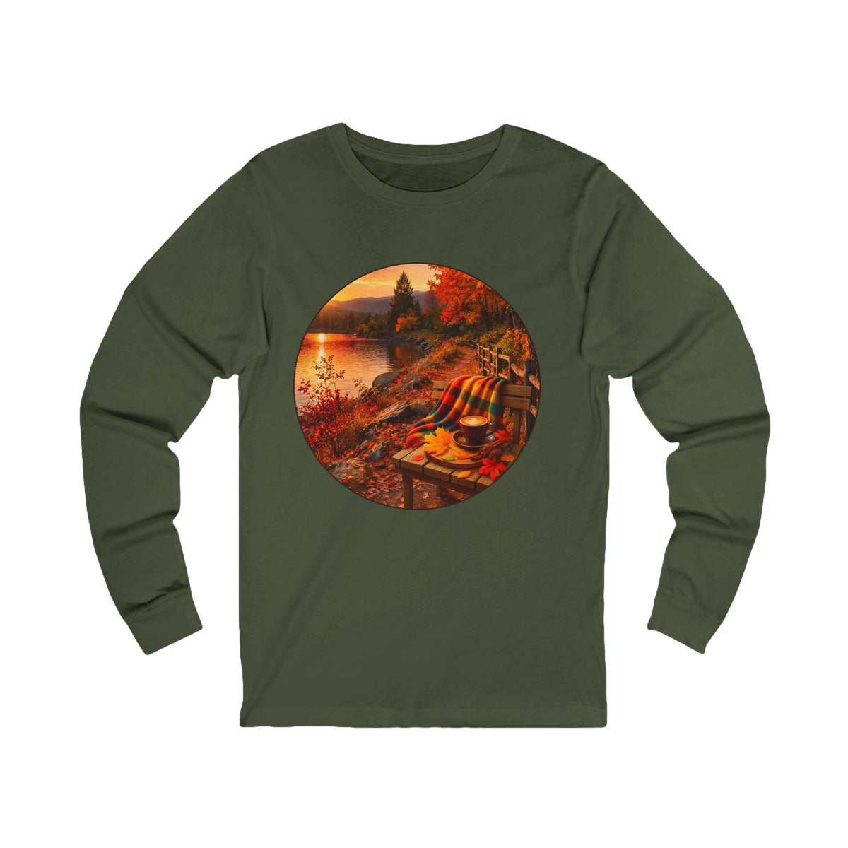 Autumn Lakeside Scene Long Sleeve Tee — Cozy Fall Cabin Sunset Print