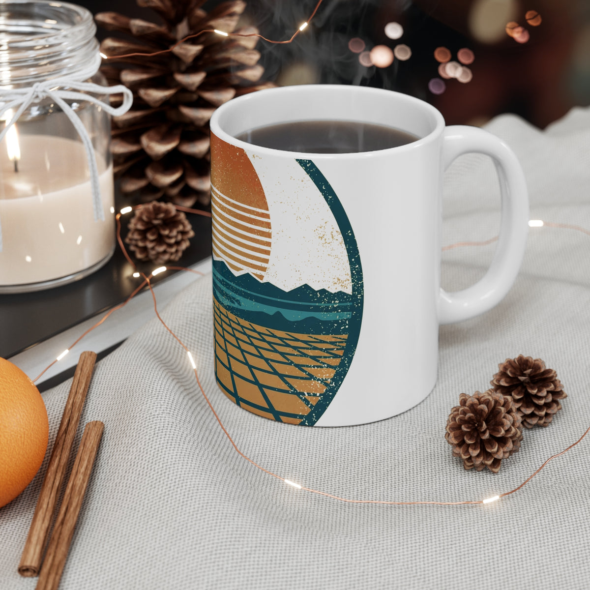 Neon Horizon Mug — Retro Synthwave Badge