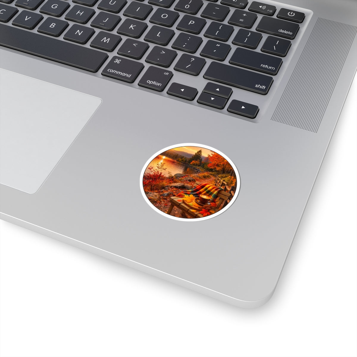 Autumn Lakeside Sticker – Cozy Fall Blanket & Hot Cocoa Kiss-Cut Sticker