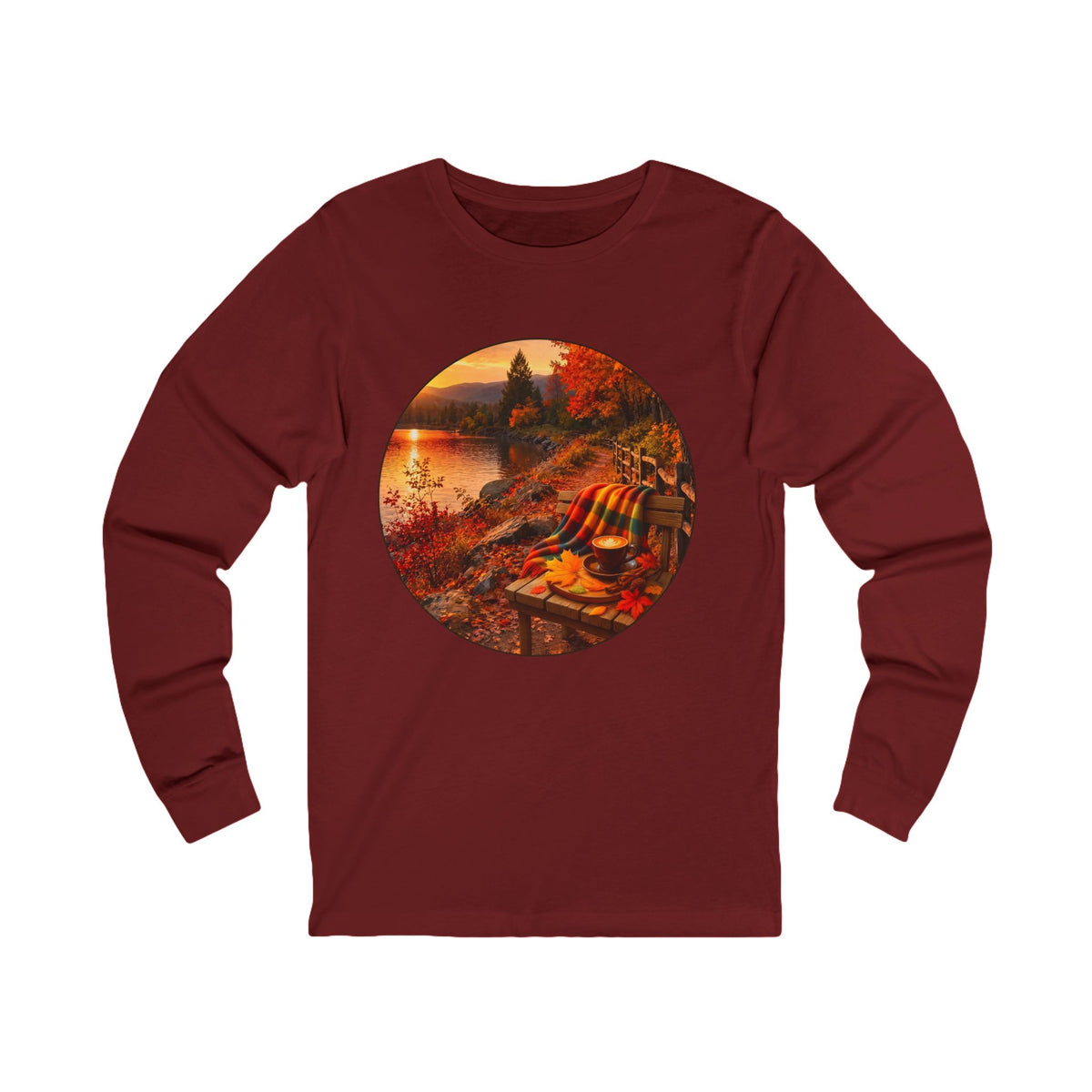Autumn Lakeside Scene Long Sleeve Tee — Cozy Fall Cabin Sunset Print