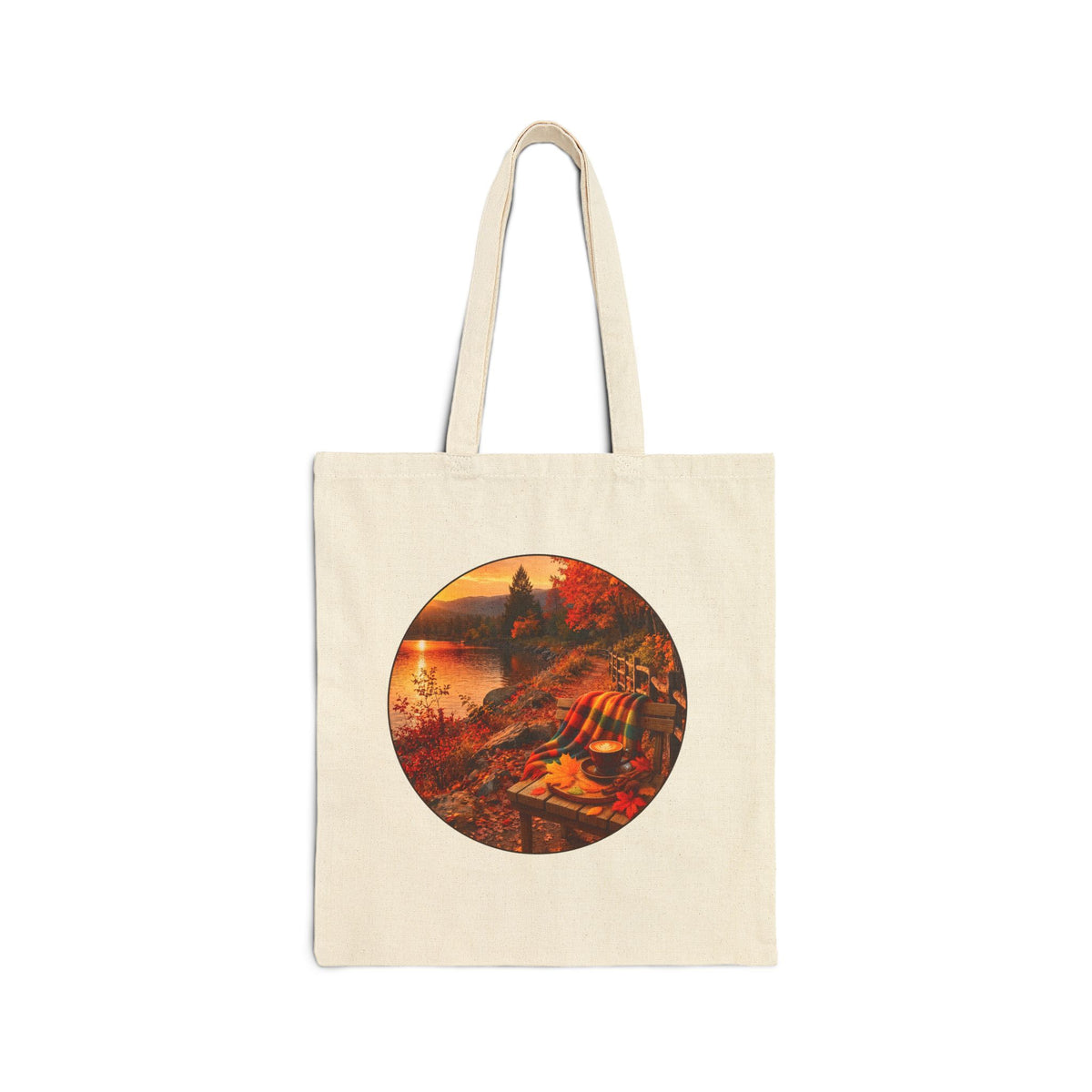 Autumn Lakeside Tote - Cozy Fall Canvas Bag with Scenic Sunset Design