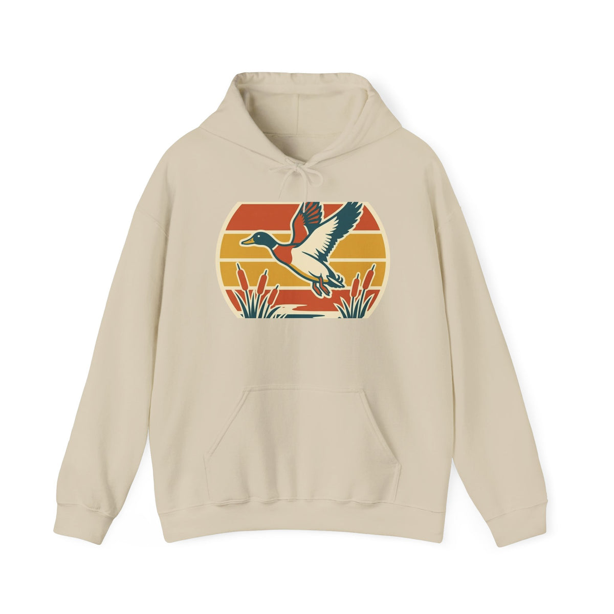 Retro Flying Duck Hoodie — Vintage Sunset Waterfowl Sweatshirt