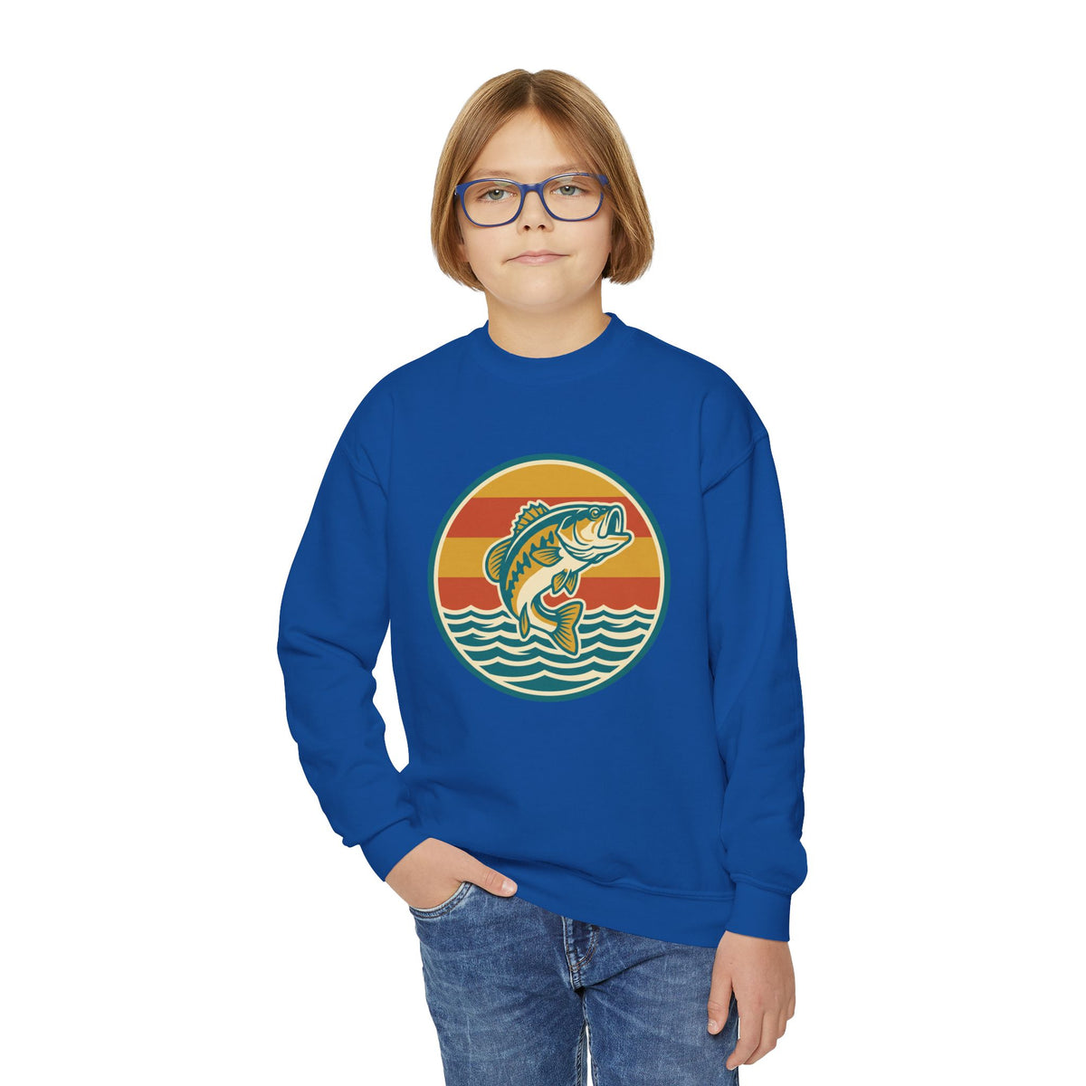 Youth Fishing Crewneck Sweatshirt – Retro Bass Jump Design