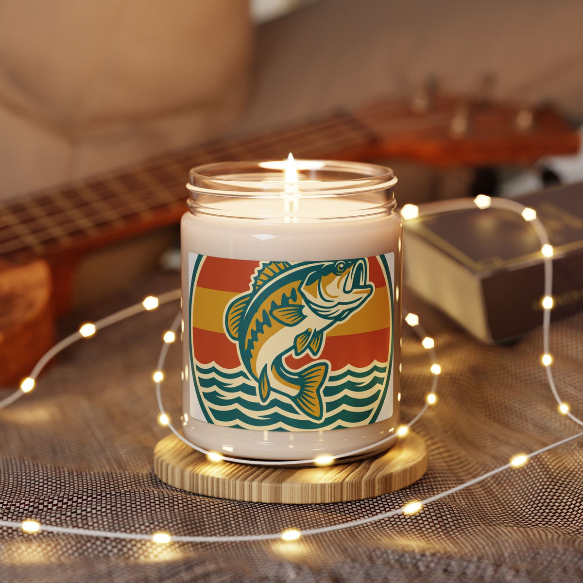 Bass Fishing Soy Candle — 9oz Scented Jar (Retro Sunrise Design)