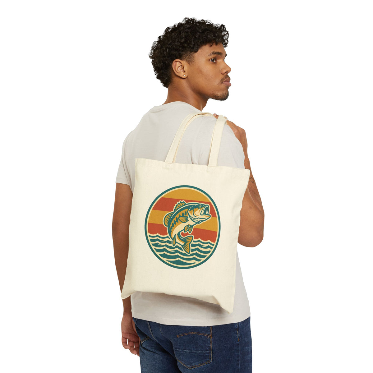 Vintage Bass Fishing Tote Bag – Retro Sunset Angler Canvas Tote