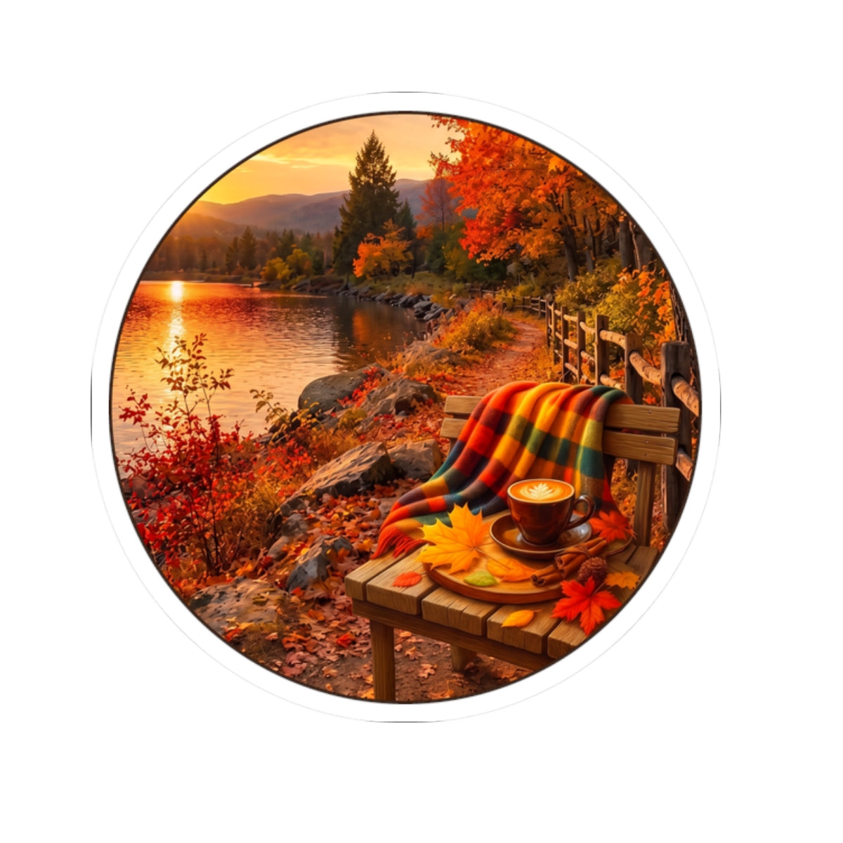Autumn Lakeside Sticker – Cozy Fall Blanket & Hot Cocoa Kiss-Cut Sticker
