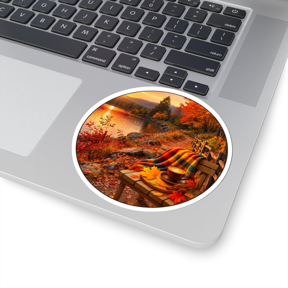 Autumn Lakeside Sticker – Cozy Fall Blanket & Hot Cocoa Kiss-Cut Sticker