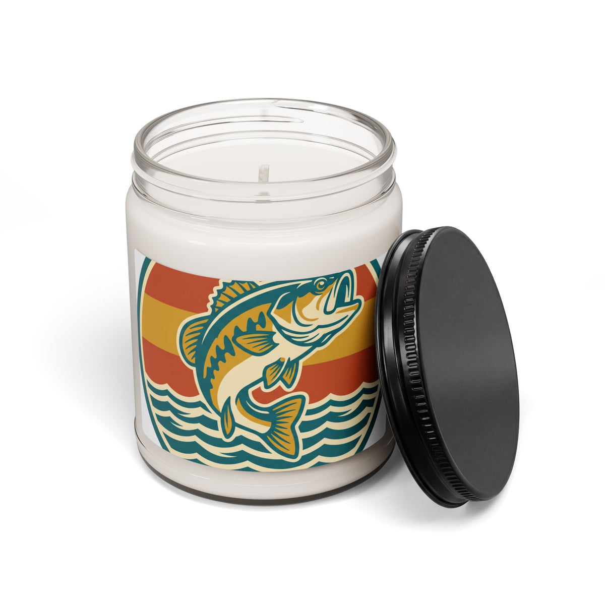 Bass Fishing Soy Candle — 9oz Scented Jar (Retro Sunrise Design)