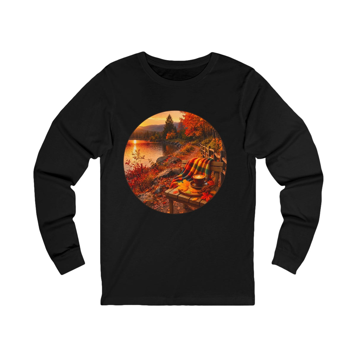 Autumn Lakeside Scene Long Sleeve Tee — Cozy Fall Cabin Sunset Print