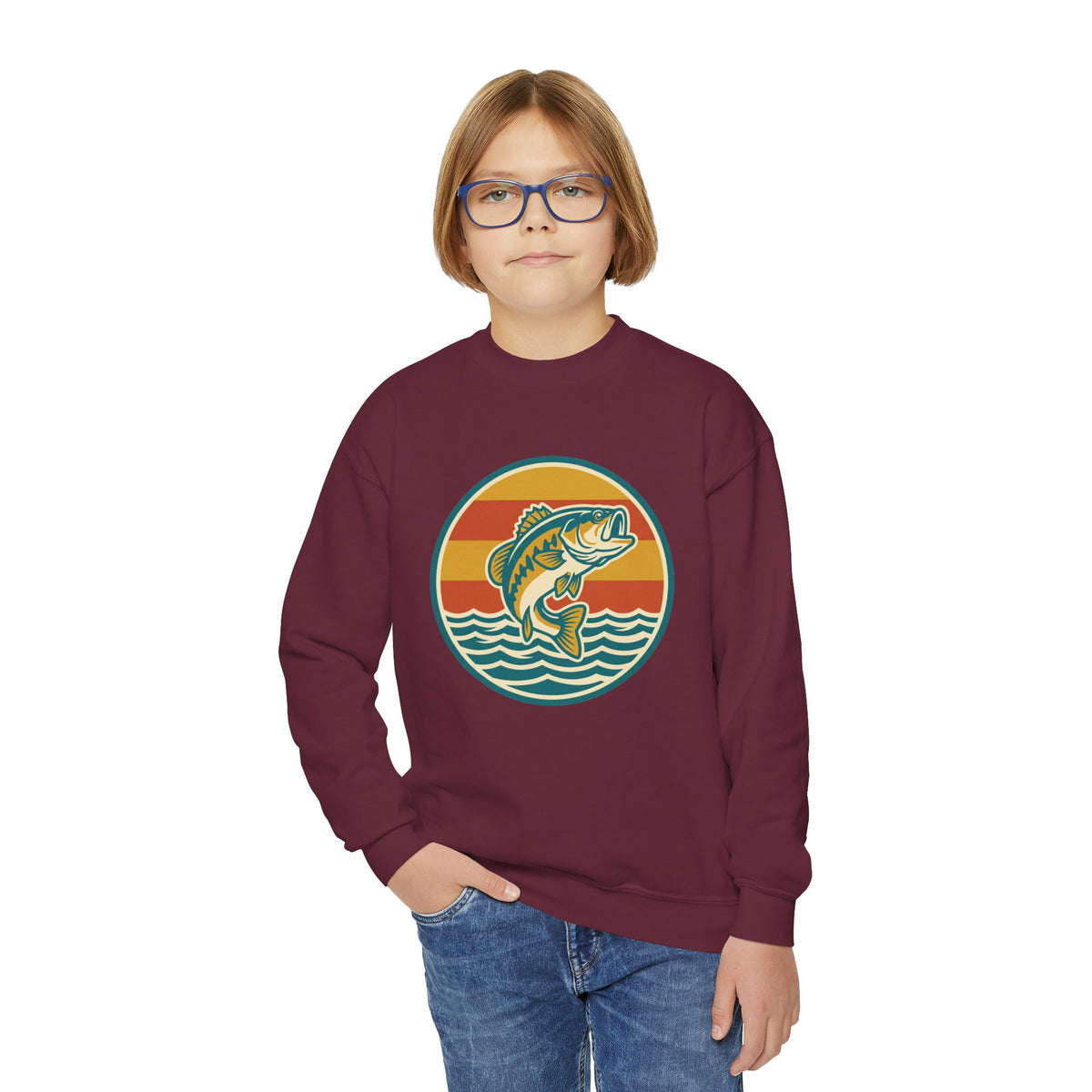 Youth Fishing Crewneck Sweatshirt – Retro Bass Jump Design