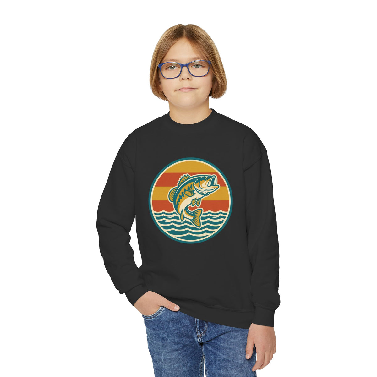 Youth Fishing Crewneck Sweatshirt – Retro Bass Jump Design