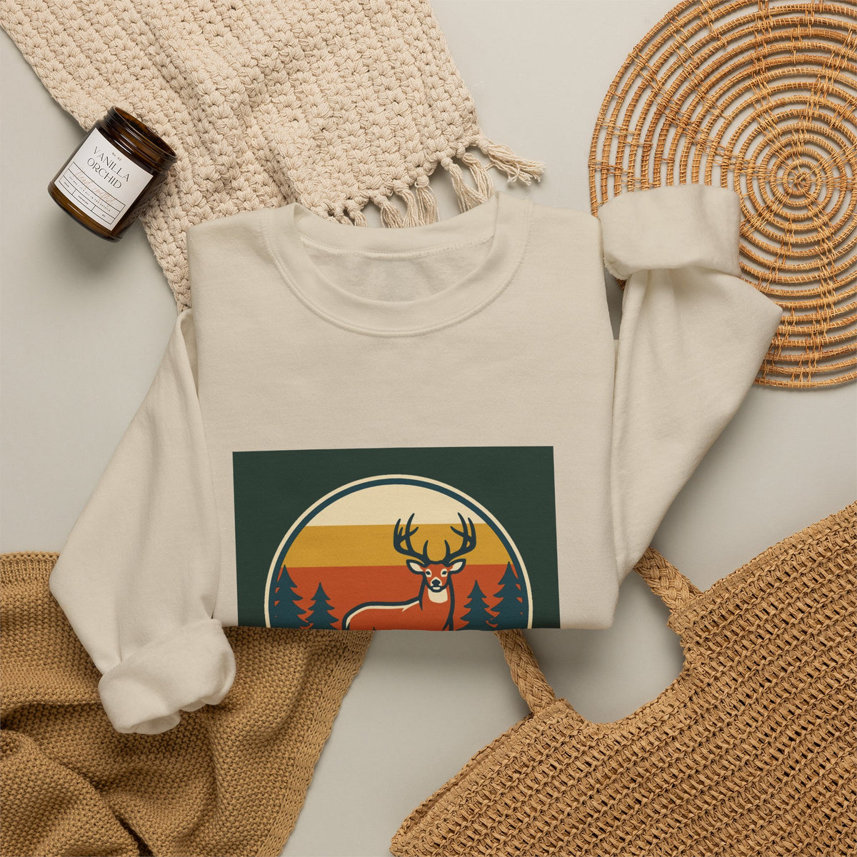 Deer Sunset Crewneck Sweatshirt — Retro Forest Buck Graphic