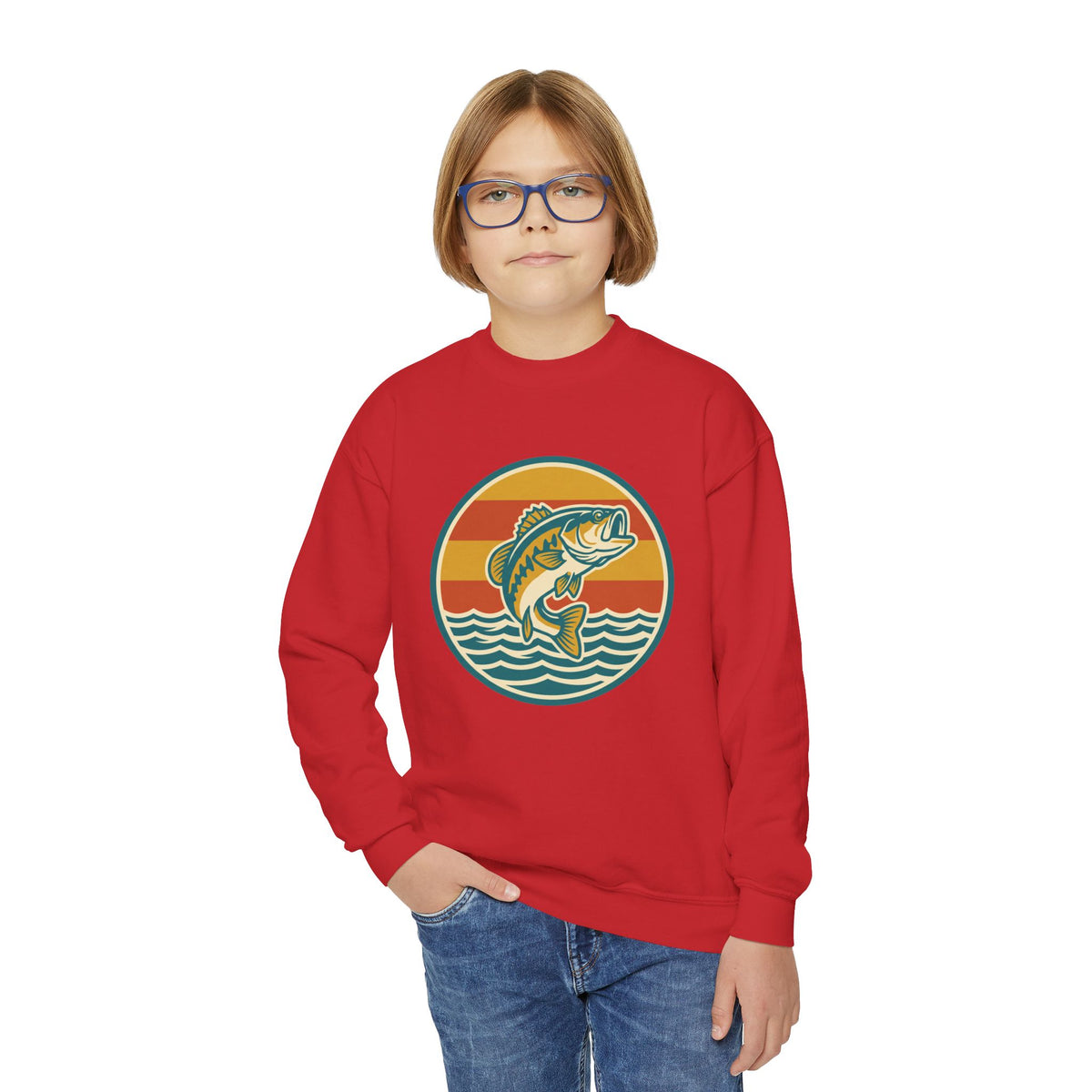 Youth Fishing Crewneck Sweatshirt – Retro Bass Jump Design