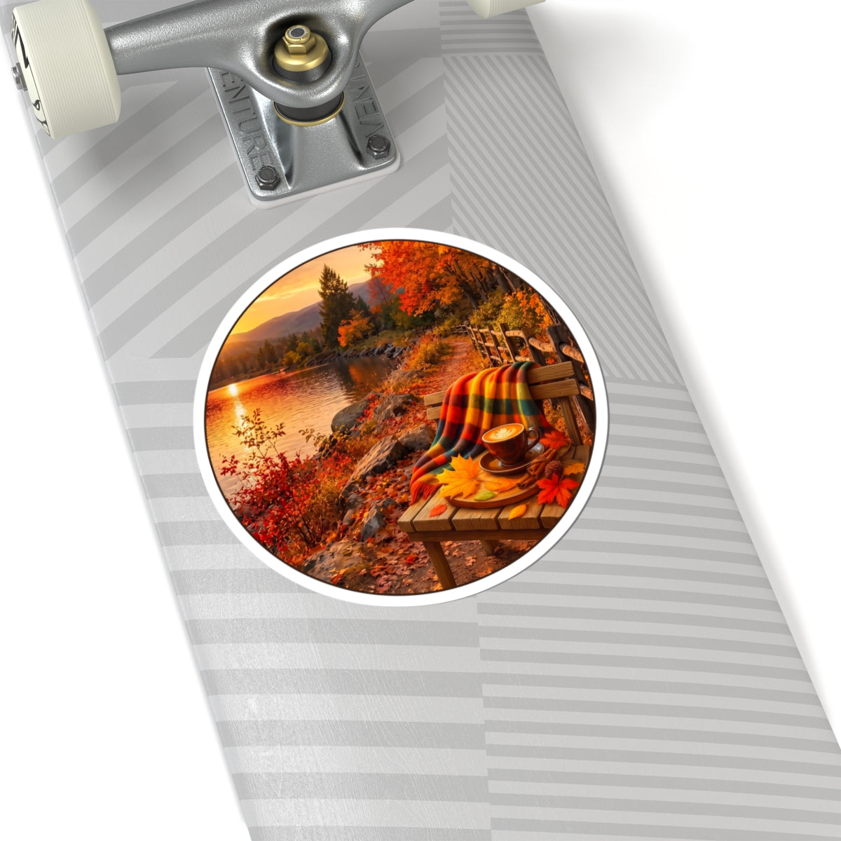 Autumn Lakeside Sticker – Cozy Fall Blanket & Hot Cocoa Kiss-Cut Sticker