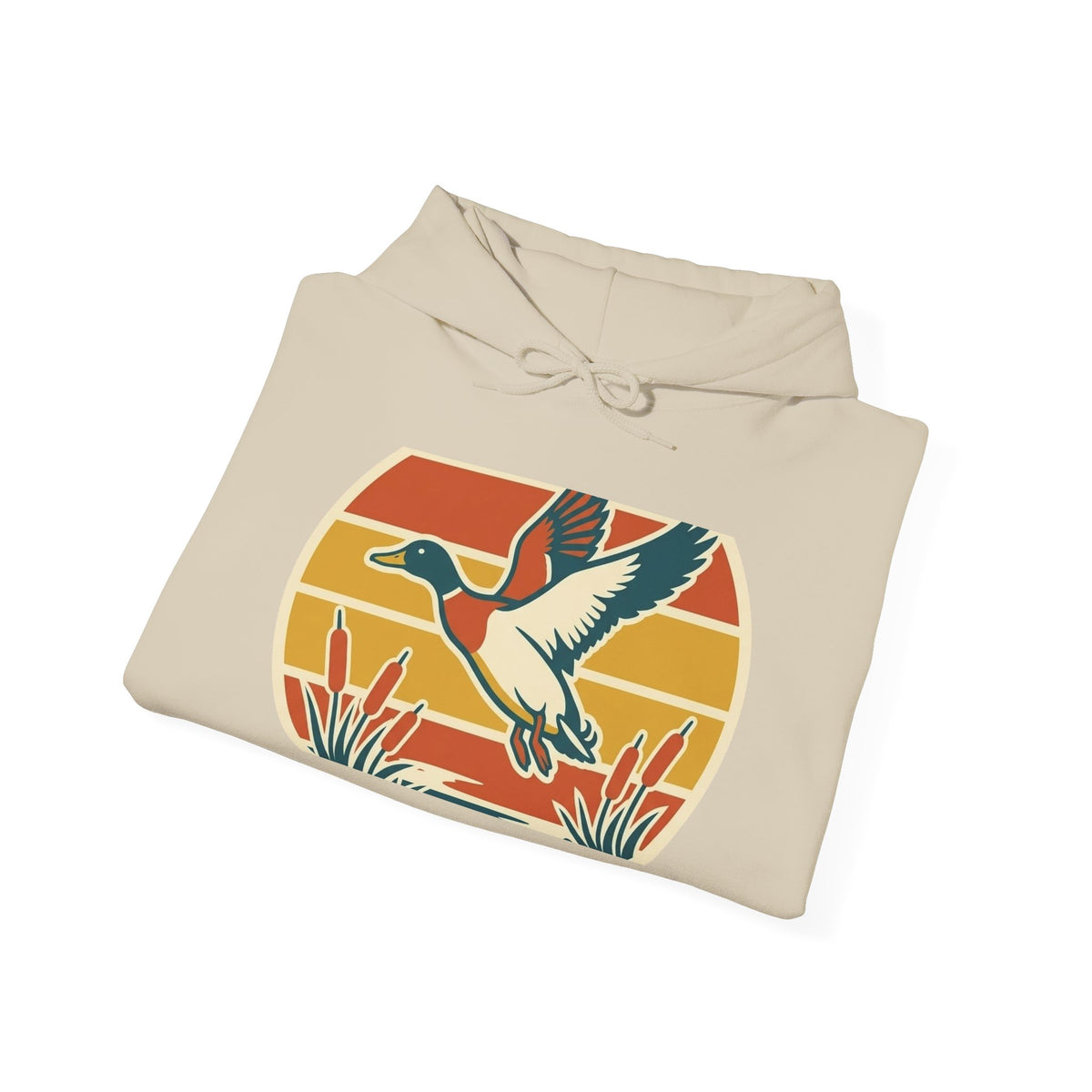 Retro Flying Duck Hoodie — Vintage Sunset Waterfowl Sweatshirt