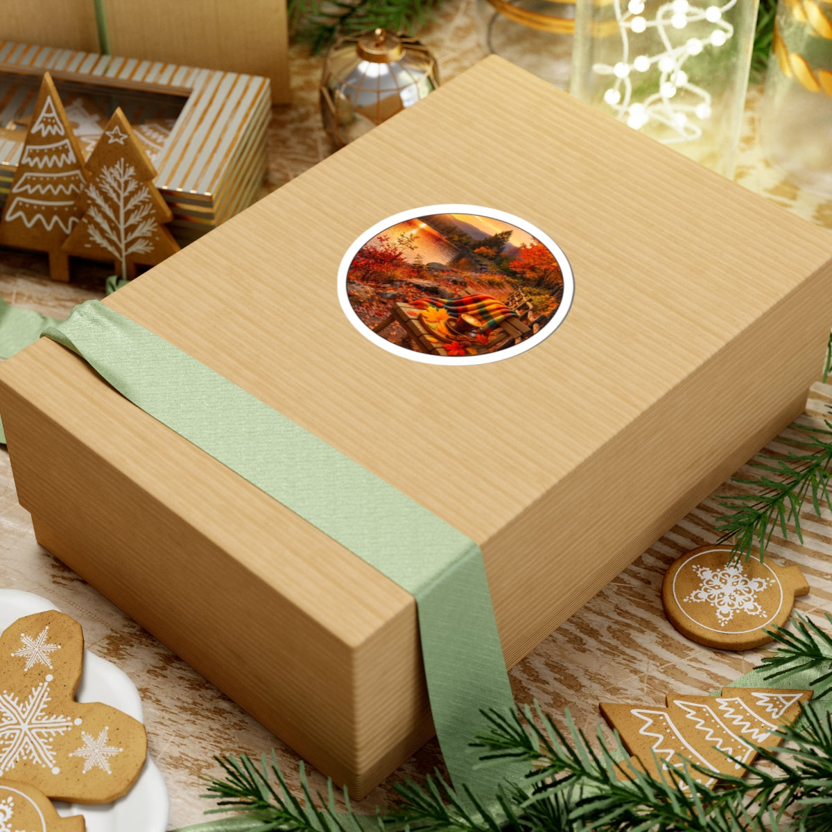 Autumn Lakeside Sticker – Cozy Fall Blanket & Hot Cocoa Kiss-Cut Sticker