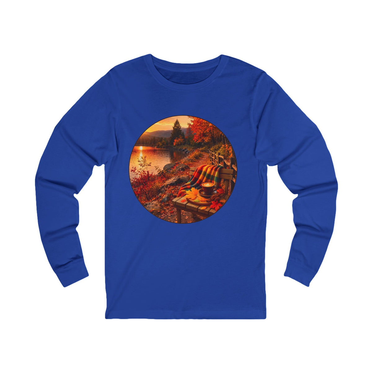 Autumn Lakeside Scene Long Sleeve Tee — Cozy Fall Cabin Sunset Print